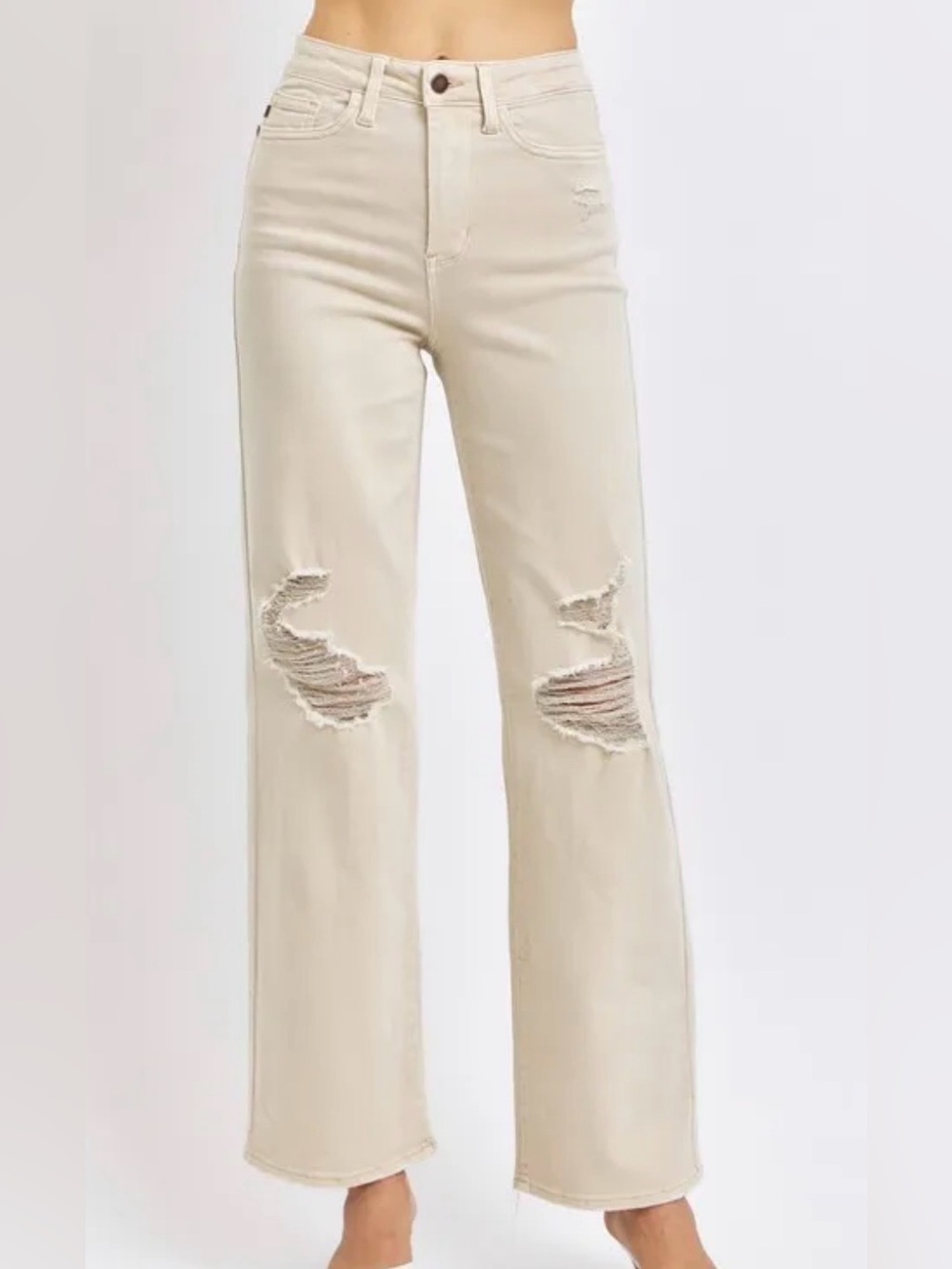 Judy Blue High-Rise Distressed Wide-Leg Jeans in Cream Sz 15/32